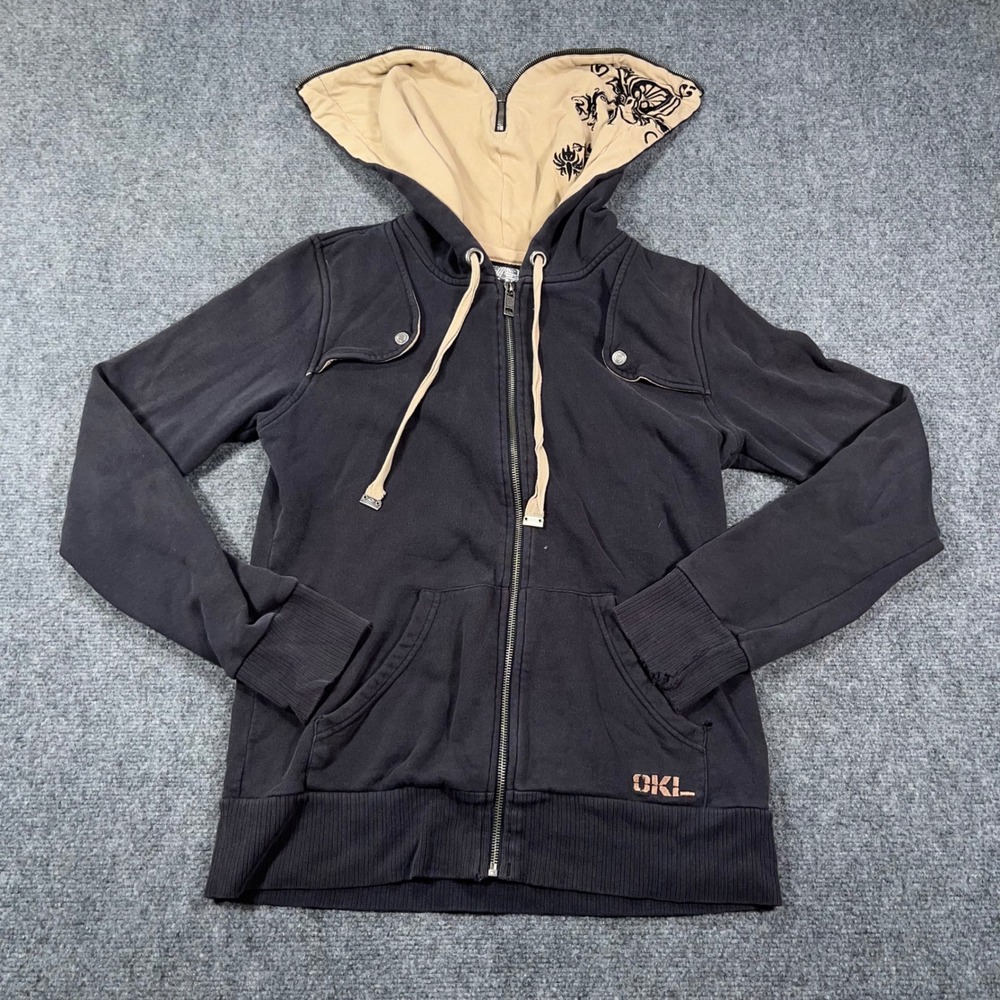 Oakley Split Zip Hoodie Mens Med Y2K Cyber Graphic Hood Black Tan Grunge Street